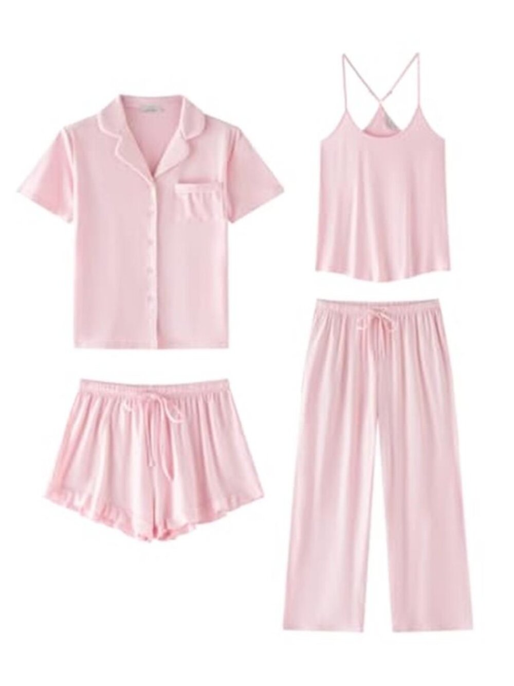 SAPJON Pink 4-Piece Pajama Set Button Down Top Cami Pants & Shorts